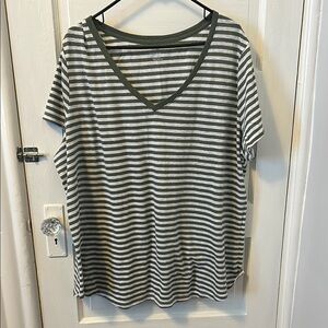 Green and White Striped V-Neck T-Shirt 3X